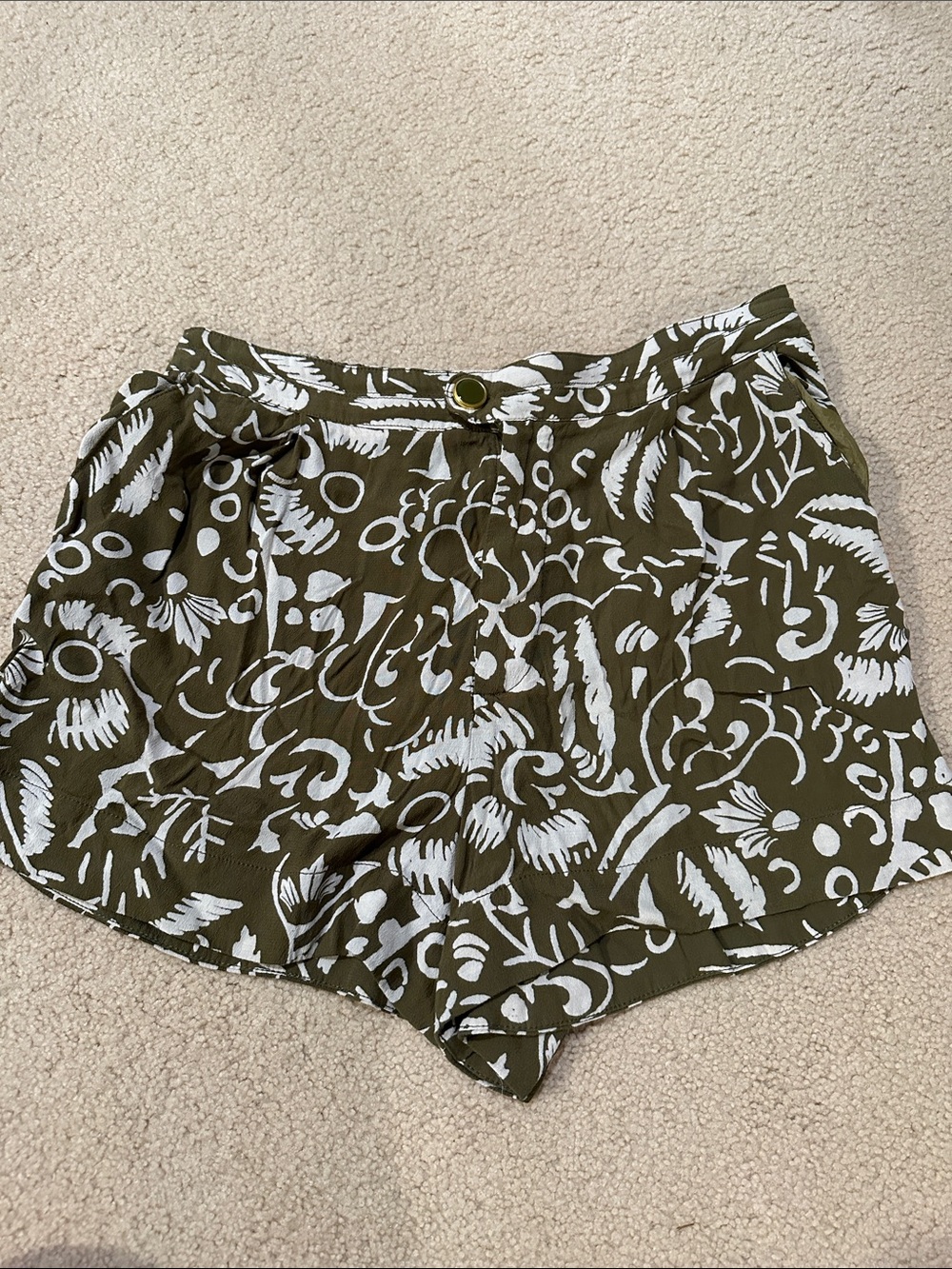 Anthropologie Olive & White Abstract Print High-Waist Shorts, Large